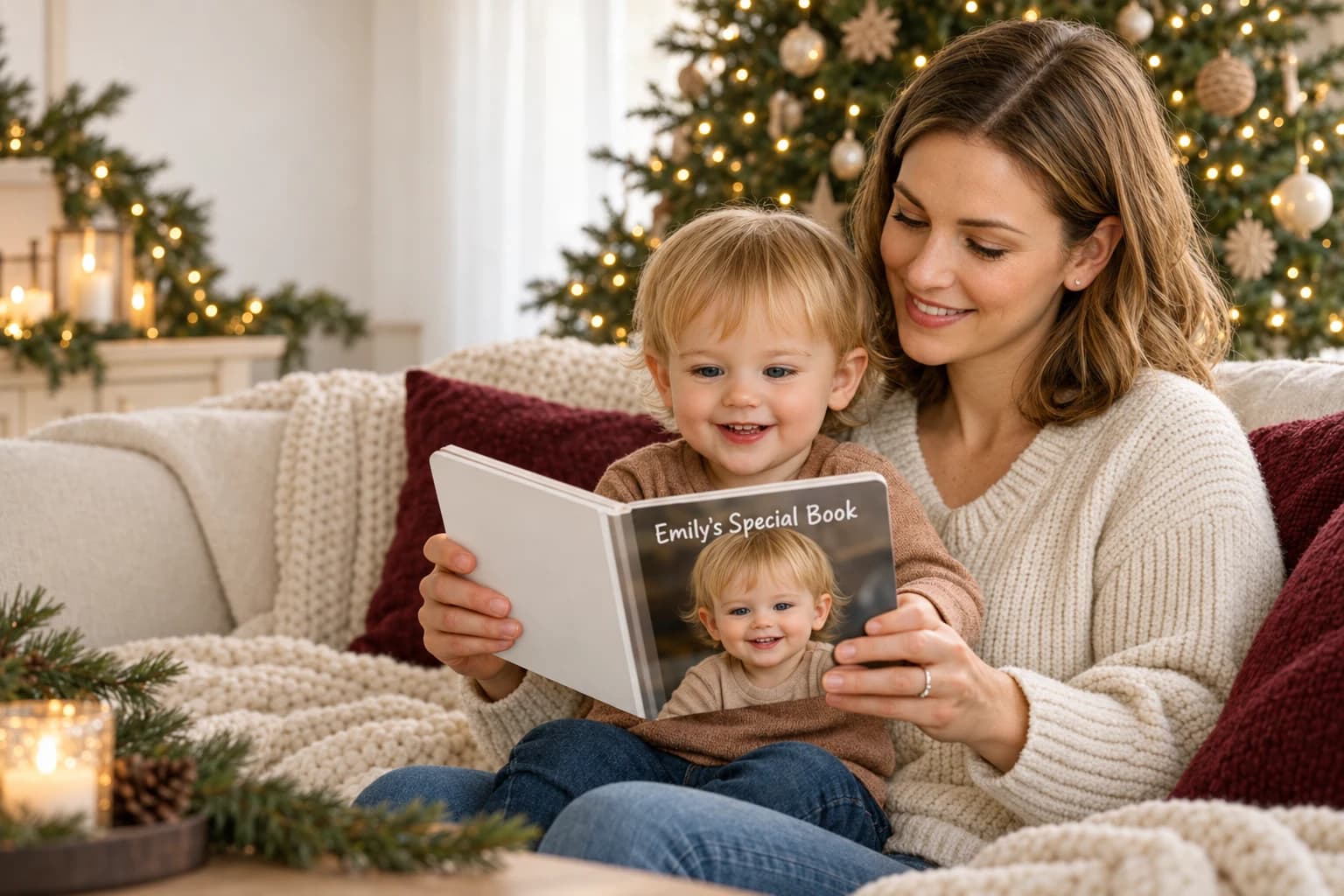 A mother and toddler reading their personalized board book beside a Christmas tree