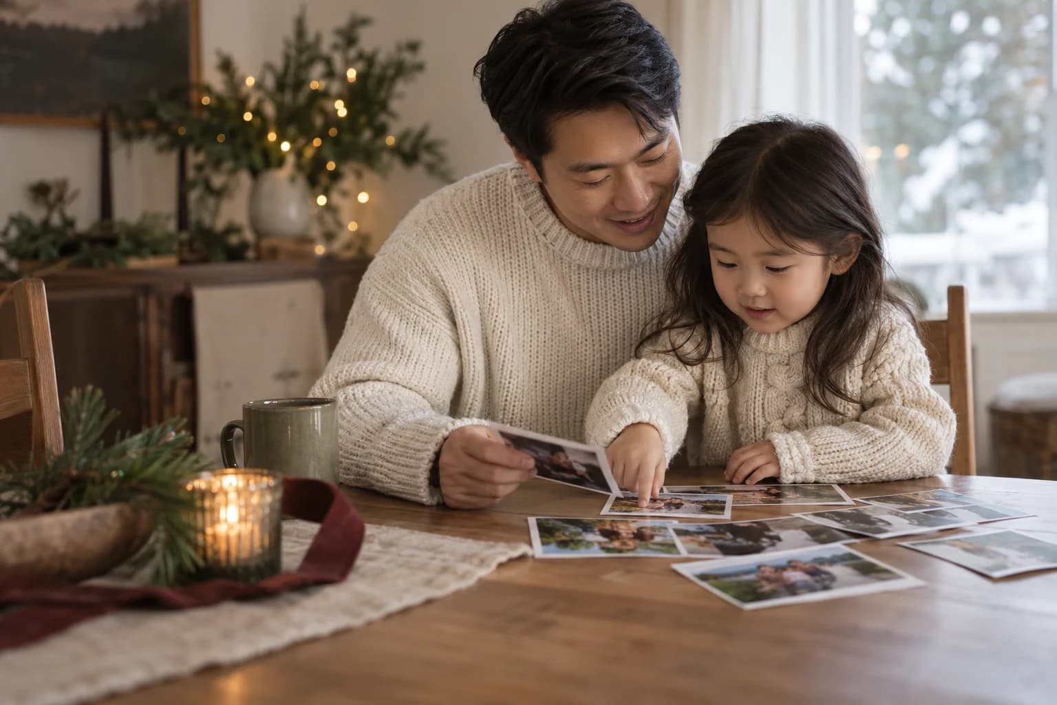 A father and daughter choosing family photos together at a table with understated Christmas decorations