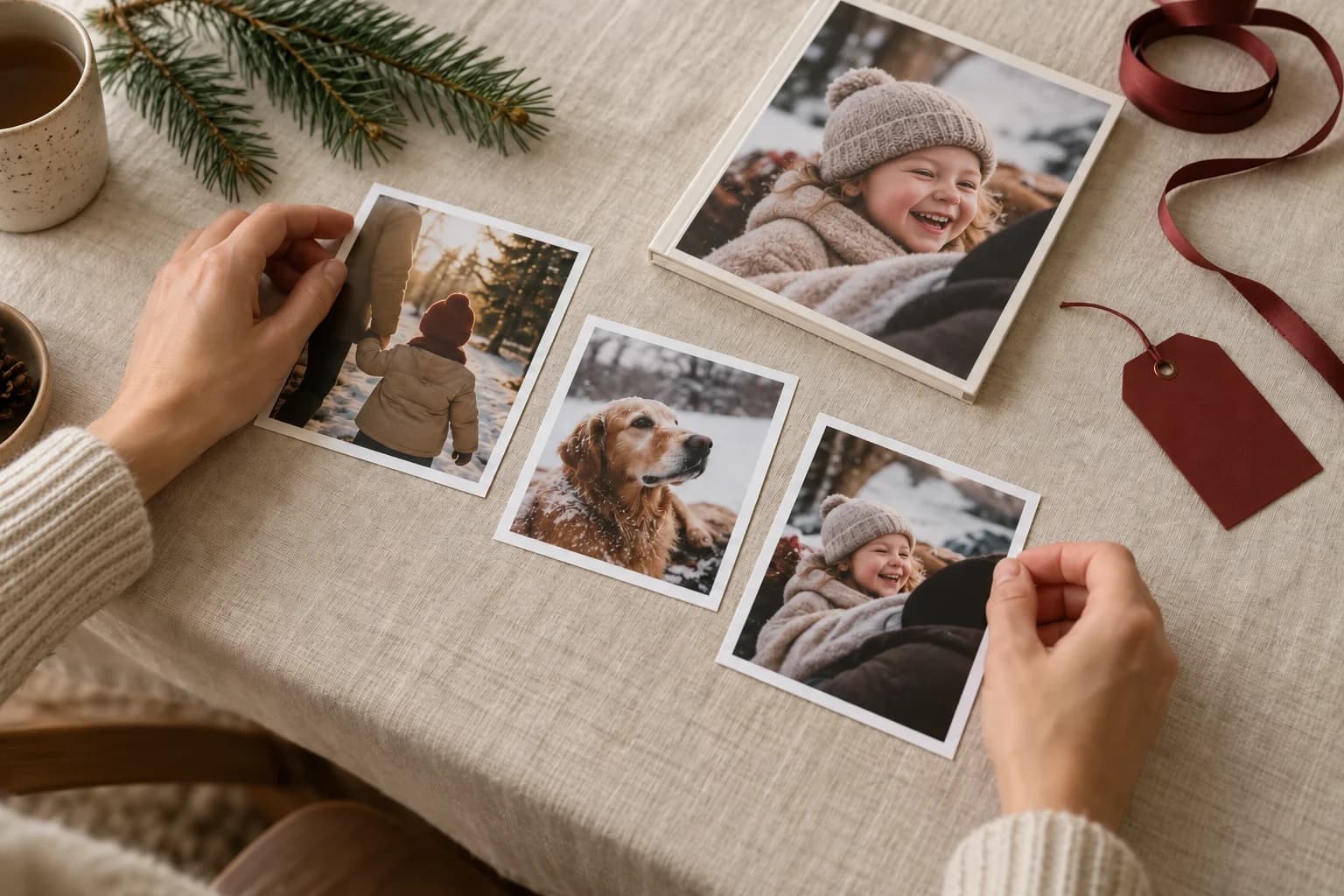 Hands arranging family photo prints beside a personalized book with the same smiling child pictured on its cover