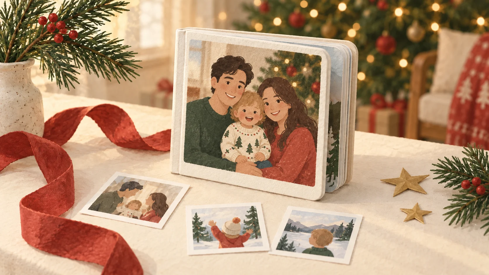 Editorial illustration of a personalized family-photo board book with Christmas ribbon, photo prints and pine branches.