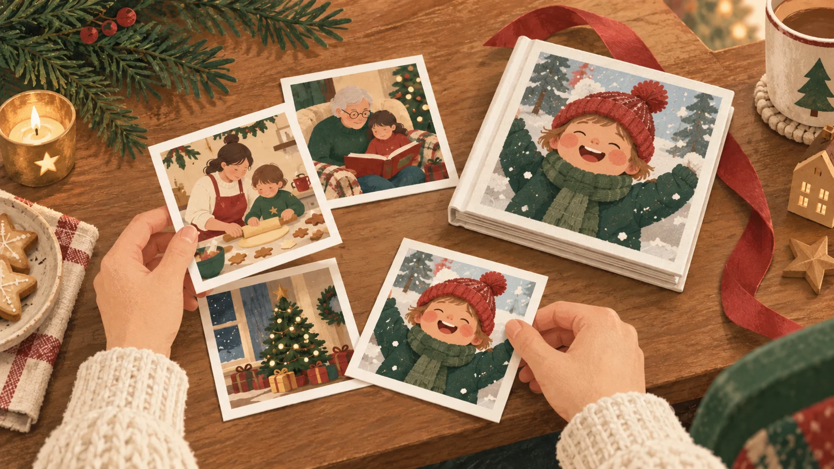 Editorial illustration of a parent choosing Christmas family photo prints beside a board book with the child pictured on its cover.